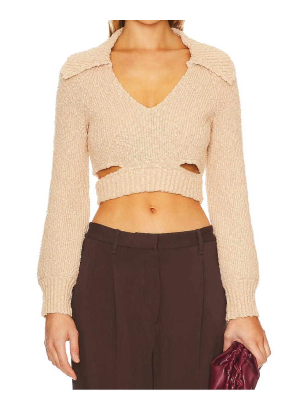 NWT L'Academie Revolve Tan Boucle Cropped Side Cutout Sweater Large